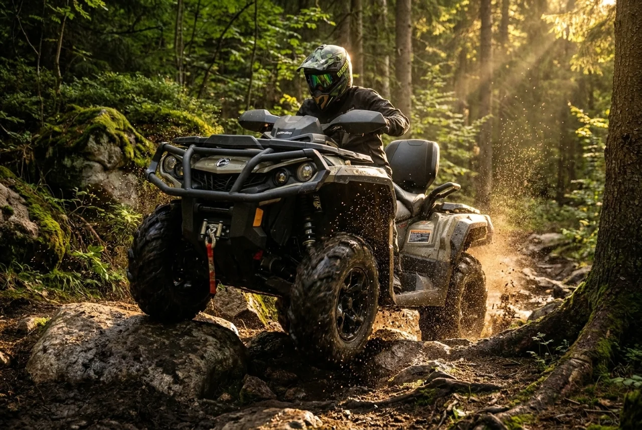 ATV-Fahrer mit Crosshelm auf einem Waldweg