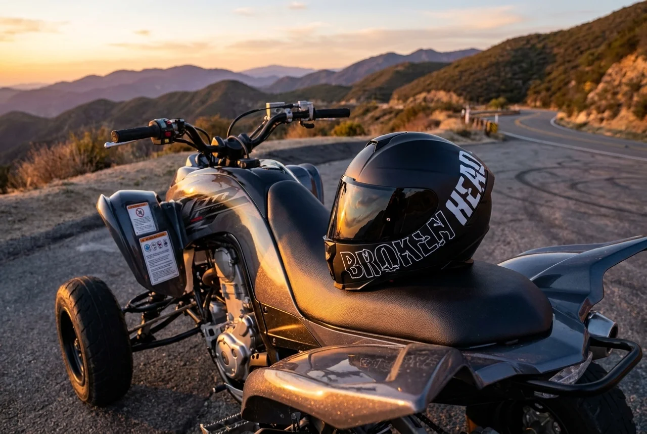 Quad mit Broken Head Integralhelm bei einer Straßentour